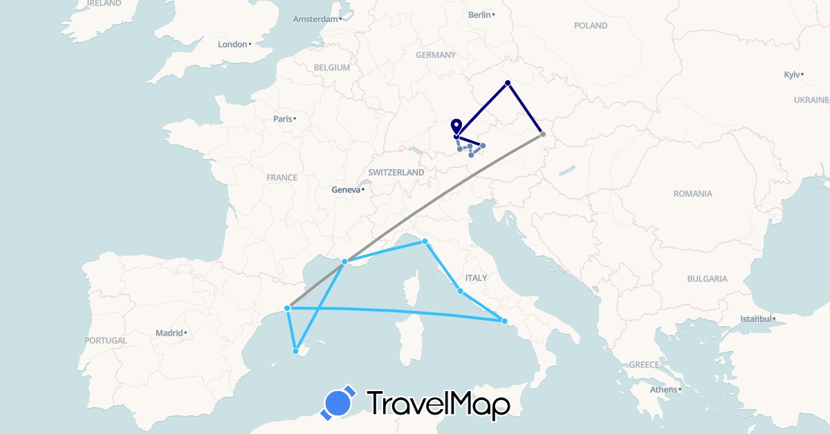 TravelMap itinerary: driving, plane, cycling, boat in Austria, Czech Republic, Germany, Spain, France, Italy (Europe)